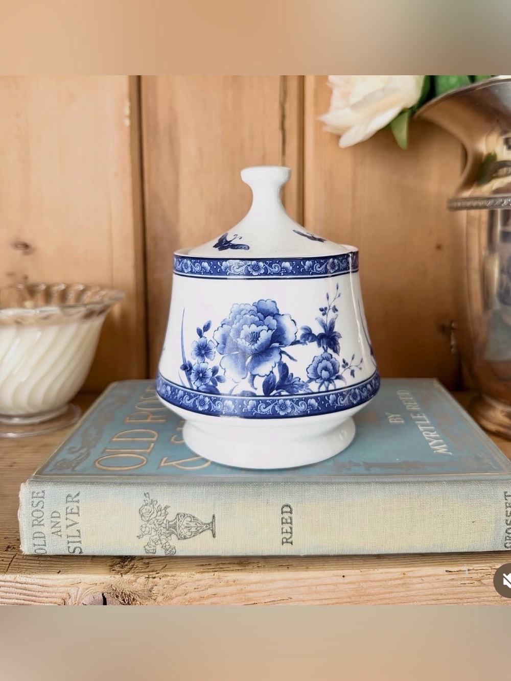 Vintage Blue Rose Collection White and Blue Sugar Bowl